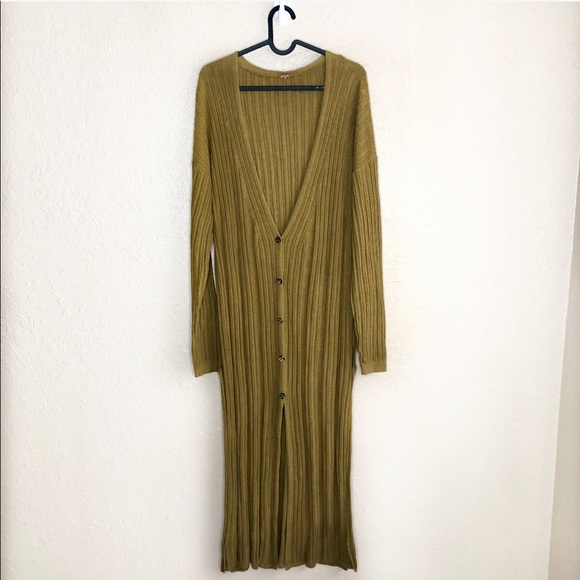Free People Sweaters - Long Ribbed Button-Front Women’s Sweater Dress - Olive
